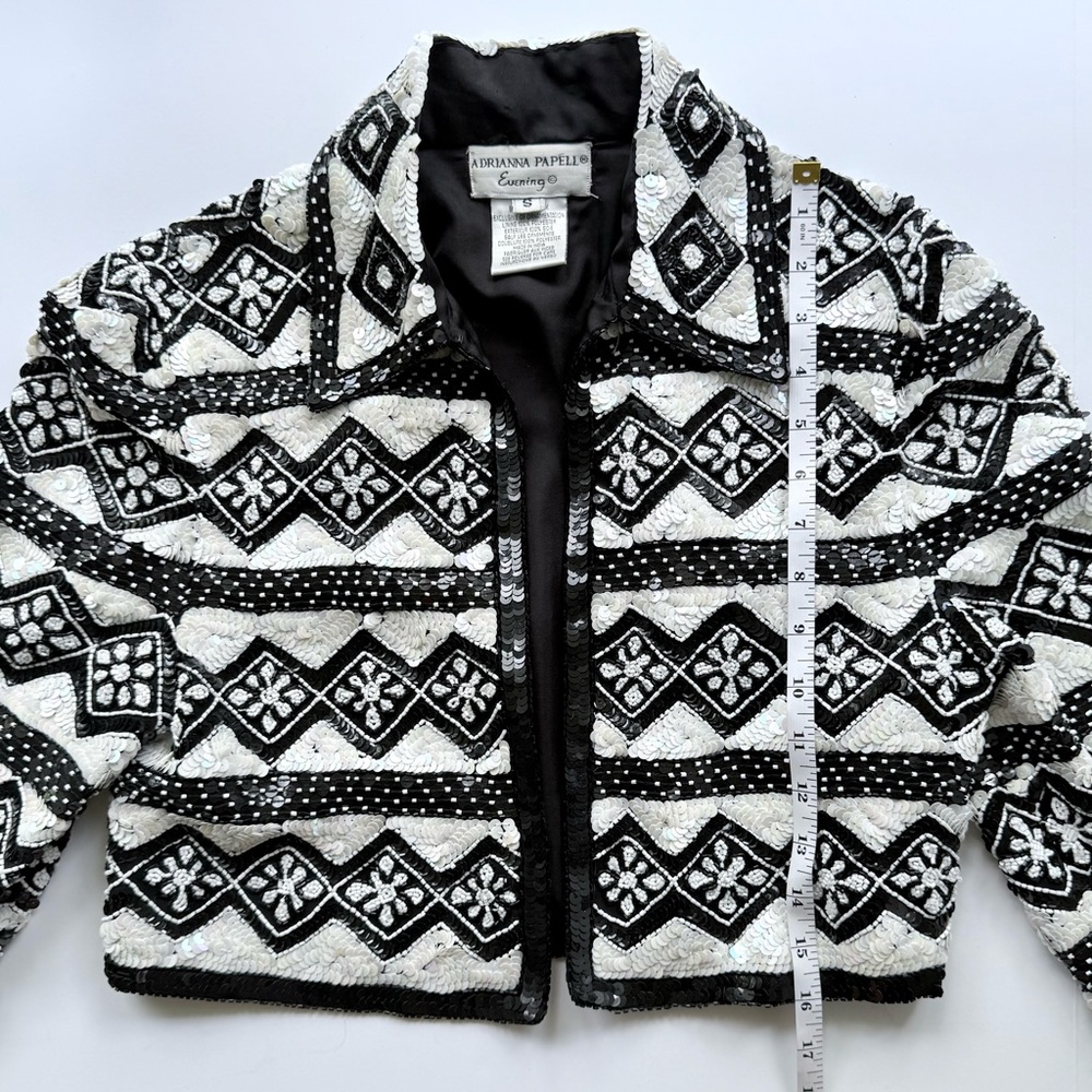 Vintage Adrianna Papell Beaded & Sequin Silk Bolero Jacket S Black & White - Picture 10 of 15